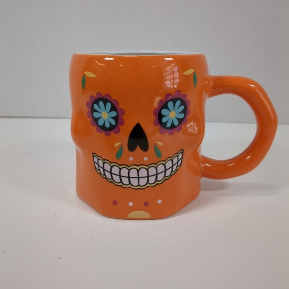 Sugar Skull coffee mugs, blue and orange, day of the dead, Halloween, both mugs - Picture 4 of 8